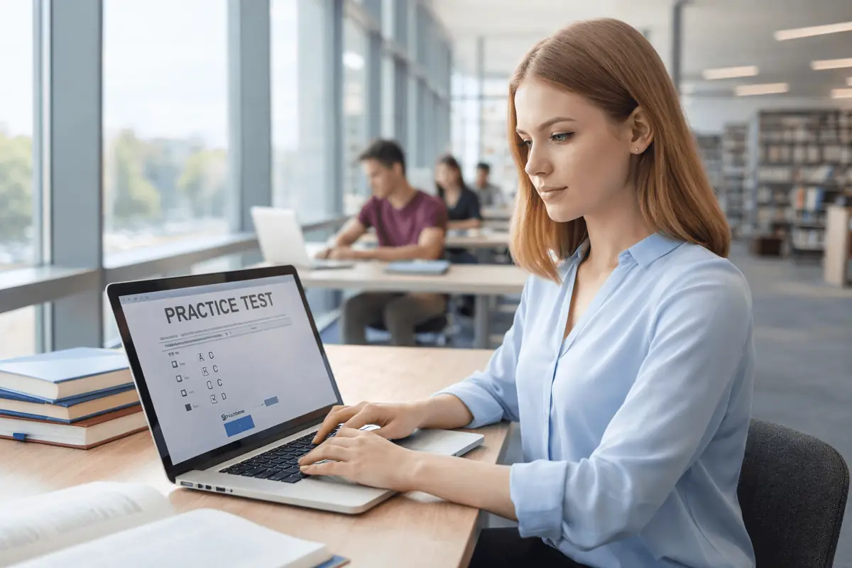 Student using LOEP practice test materials in library